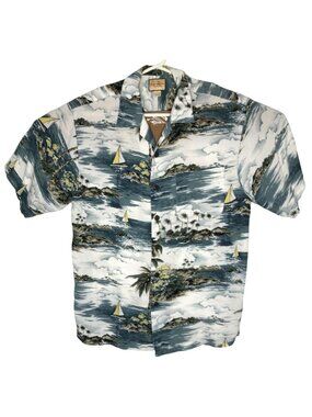 Lenguinease Bro Hawaiian Shirt Mens M Blue Gray Button Down Tropical Palms Boats